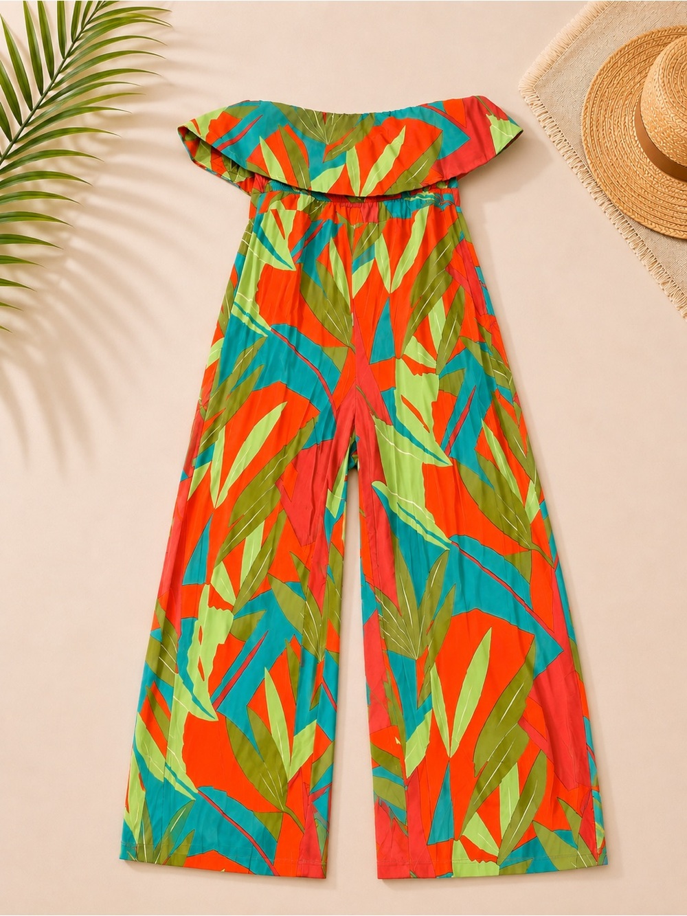 Off-Shoulder Tropical Wide-Leg Jumpsuit in Orange & Teal